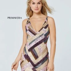 Backless Dresses Primavera 3530 Short Fitted Geometric Beaded Cocktail Dress Formal Beaded Gown