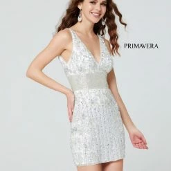 Primavera 3533 Short Fitted Formal Cocktail Dress Beaded V Neck Prom Homecoming Backless Dresses