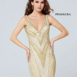 Primavera 3537 Short Fitted Beaded Formal Cocktail Dress Open Back V Neck