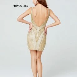 Primavera 3537 Short Fitted Beaded Formal Cocktail Dress Open Back V Neck