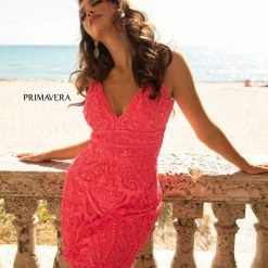 In Stock Primavera Couture 3542 Nude Hot Pink Cocktail Dress V Neckline Fitted Sequins Homecoming Dress Size 8