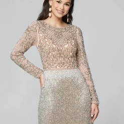 In Stock Fringe & Tassels Primavera Couture 3546 Cocktail Dress Long Sleeve Fringe Skirt Beaded Homecoming Size 0, 4, 14