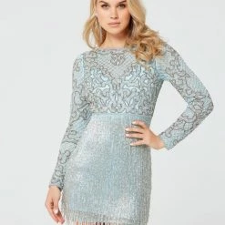 In Stock Fringe & Tassels Primavera Couture 3546 Cocktail Dress Long Sleeve Fringe Skirt Beaded Homecoming Size 0, 4, 14