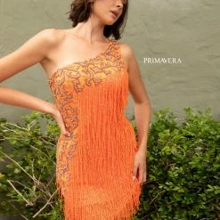Sequin Dresses Primavera 3556 Short One Shoulder Fringe Tassel Beaded Cocktail Dress Formal Gown