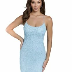 In Stock Primavera Couture 3558 Size 4 Lilac Cocktail Dress Rosette Beaded Scoop Neckline Lace Up Tie Back