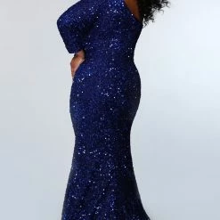Long Sleeve Dresses Sydney's Closet SC7319 One Long Sleeve Prom Dress Fitted Plus Sized With Slit SC 7319