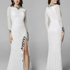 In Stock Primavera Couture 3614 Sz 4 Ivory Long Sleeve Prom Dress Fitted Formal Cut Glass Beaded Gown Long Sleeve Dresses