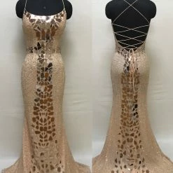 In Stock Primavera Couture 3616 Size 8 Rose Gold Cut Glass Prom Dress Fitted Sequin Backless Formal Gown