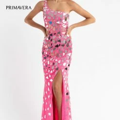 Sequin Dresses Primavera Couture 3623 Long Cut Glass One Shoulder Prom Dress Pageant Gown Slit
