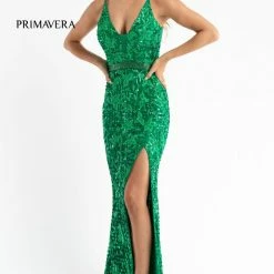 Primavera Couture 3630 Long Fitted Beaded Formal Prom Dress Slit V Neck Backless