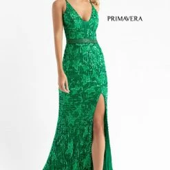 Primavera Couture 3630 Long Fitted Beaded Formal Prom Dress Slit V Neck Backless