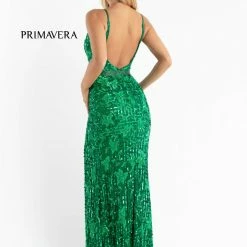 Primavera Couture 3630 Long Fitted Beaded Formal Prom Dress Slit V Neck Backless