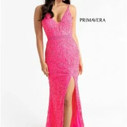 Primavera Couture 3630 Long Fitted Beaded Formal Prom Dress Slit V Neck Backless