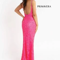 Primavera Couture 3630 Long Fitted Beaded Formal Prom Dress Slit V Neck Backless