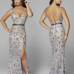 Primavera Couture 3630 Long Fitted Beaded Formal Prom Dress Slit V Neck Backless