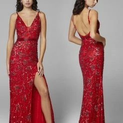 Primavera Couture 3630 Long Fitted Beaded Formal Prom Dress Slit V Neck Backless