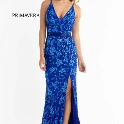 Primavera Couture 3630 Long Fitted Beaded Formal Prom Dress Slit V Neck Backless