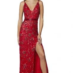 Primavera Couture 3630 Long Fitted Beaded Formal Prom Dress Slit V Neck Backless