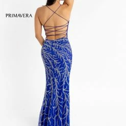 In Stock Primavera Couture 3636 Blue Size 4 Long Fitted Beaded Prom Dress V Neck Slit Formal Pageant