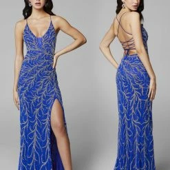 In Stock Primavera Couture 3636 Size 00 Long Fitted Beaded Prom Dress V Neck Slit Formal Pageant