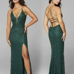 In Stock Primavera Couture 3636 Size 00 Long Fitted Beaded Prom Dress V Neck Slit Formal Pageant