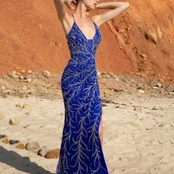 In Stock Primavera Couture 3636 Blue Size 4 Long Fitted Beaded Prom Dress V Neck Slit Formal Pageant