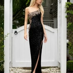 Primavera Couture 3637 Long Fitted Sequin One Shoulder Prom Dress Slit Pageant Formal