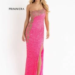 In Stock Primavera Couture 3637 Sequin One Shoulder Prom Dress With Slit Size 0, 8 Neon Pink