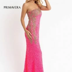 In Stock Primavera Couture 3637 Sequin One Shoulder Prom Dress With Slit Size 0, 8 Neon Pink