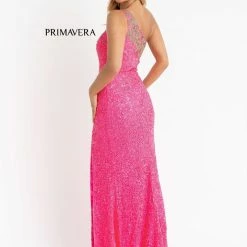 In Stock Primavera Couture 3637 Sequin One Shoulder Prom Dress With Slit Size 0, 8 Neon Pink