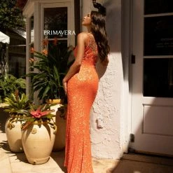 In Stock Primavera Couture 3637 Sequin One Shoulder Prom Dress With Slit Size 0, 8 Neon Pink