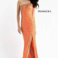 In Stock Primavera Couture 3637 Sequin One Shoulder Prom Dress With Slit Size 0, 8 Neon Pink