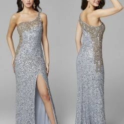 In Stock Primavera Couture 3637 Fitted Sequin One Shoulder Prom Dress With Slit Size 8 Turquoise Pageant Formal