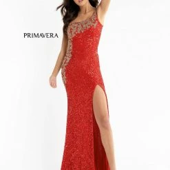 In Stock Primavera Couture 3637 Sequin One Shoulder Prom Dress With Slit Size 0, 8 Neon Pink