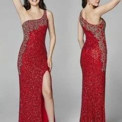 In Stock Primavera Couture 3637 Sequin One Shoulder Prom Dress With Slit Size 0, 8 Neon Pink