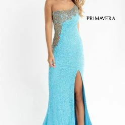 Primavera Couture 3637 Long Fitted Sequin One Shoulder Prom Dress Slit Pageant Formal