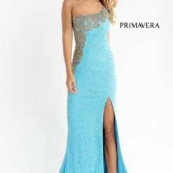 In Stock Primavera Couture 3637 Fitted Sequin One Shoulder Prom Dress With Slit Size 8 Turquoise Pageant Formal