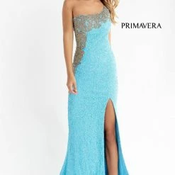 In Stock Primavera Couture 3637 Sequin One Shoulder Prom Dress With Slit Size 0, 8 Neon Pink