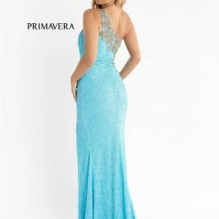 In Stock Primavera Couture 3637 Fitted Sequin One Shoulder Prom Dress With Slit Size 8 Turquoise Pageant Formal