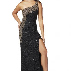 Primavera Couture 3637 Long Fitted Sequin One Shoulder Prom Dress Slit Pageant Formal