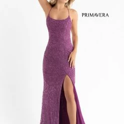 Primavera Couture 3638 Long Fitted Floral Beaded Prom Dress Backless Formal Corset Backless Dresses