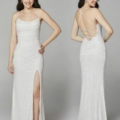 Sequin Dresses Primavera Couture 3638 Long Fitted Floral Beaded Prom Dress Backless Formal Corset