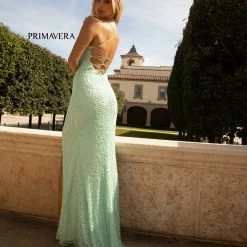 Sequin Dresses Primavera Couture 3638 Long Fitted Floral Beaded Prom Dress Backless Formal Corset