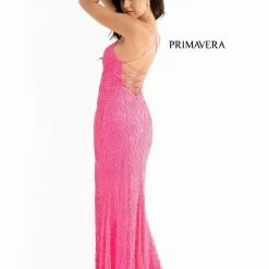 Primavera Couture 3638 Long Fitted Floral Beaded Prom Dress Backless Formal Corset Backless Dresses
