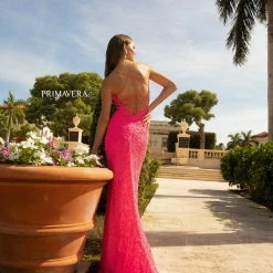 Sequin Dresses Primavera Couture 3638 Long Fitted Floral Beaded Prom Dress Backless Formal Corset