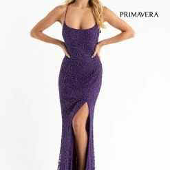 Primavera Couture 3638 Long Fitted Floral Beaded Prom Dress Backless Formal Corset Backless Dresses
