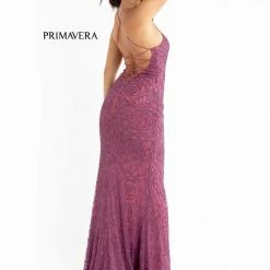 Primavera Couture 3638 Long Fitted Floral Beaded Prom Dress Backless Formal Corset Backless Dresses