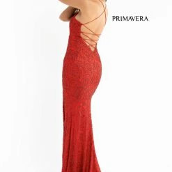Primavera Couture 3638 Long Fitted Floral Beaded Prom Dress Backless Formal Corset Backless Dresses