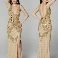 In Stock Primavera Couture 3640 Size 6 Long Beaded Cut Glass Formal Prom Dress Slit Backless Backless Dresses