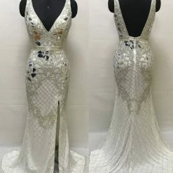 In Stock Primavera Couture 3640 Size 6 Long Beaded Cut Glass Formal Prom Dress Slit Backless Backless Dresses